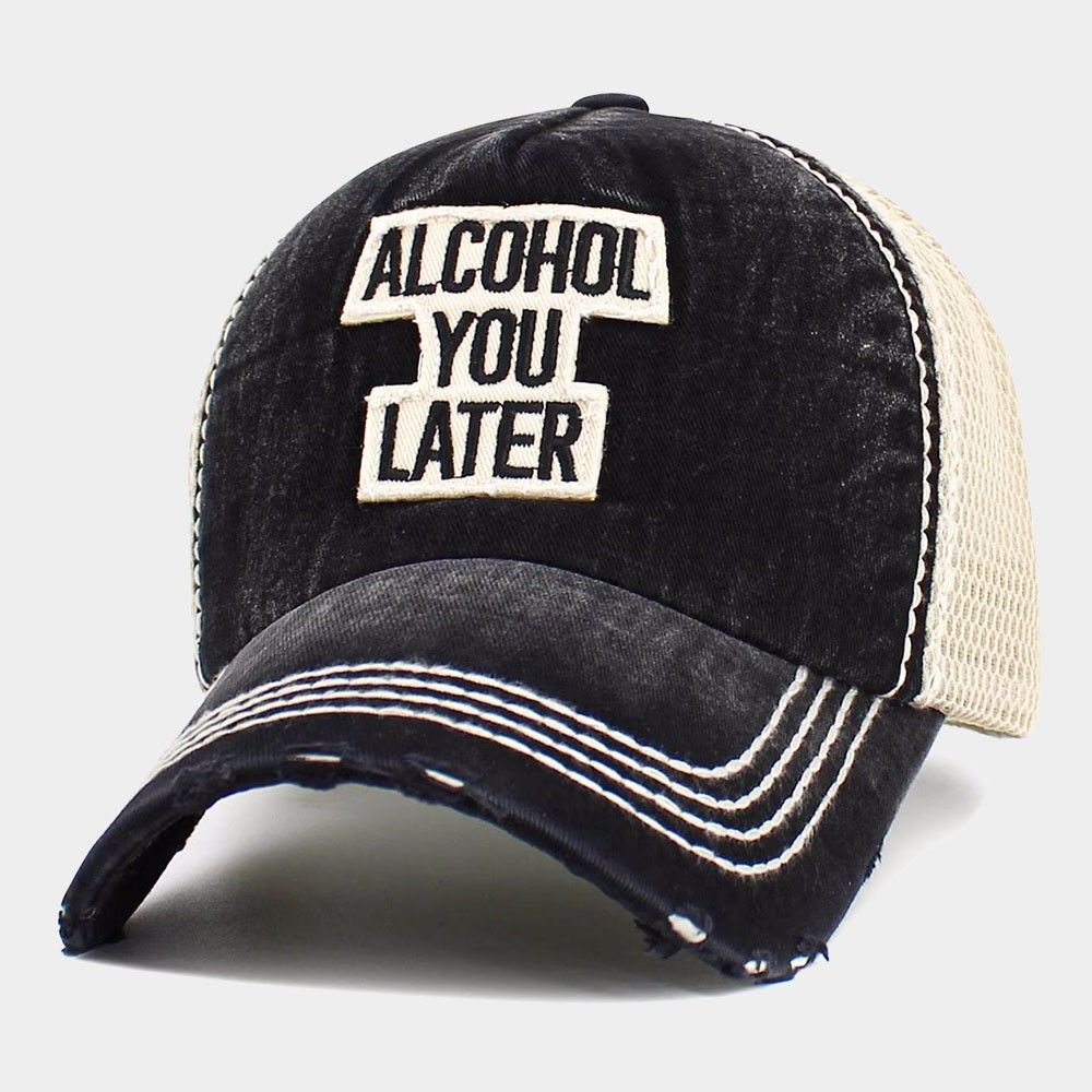 Alcohol You Later Distressed Trucker Hat Black Khaki Embroidered Pun Cap